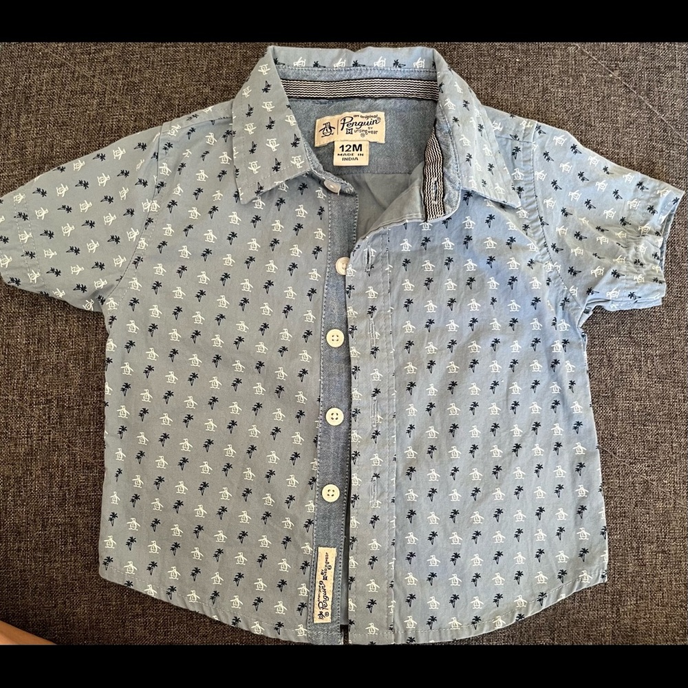 Penguin boys button up t-shirt, blue/white, 12M